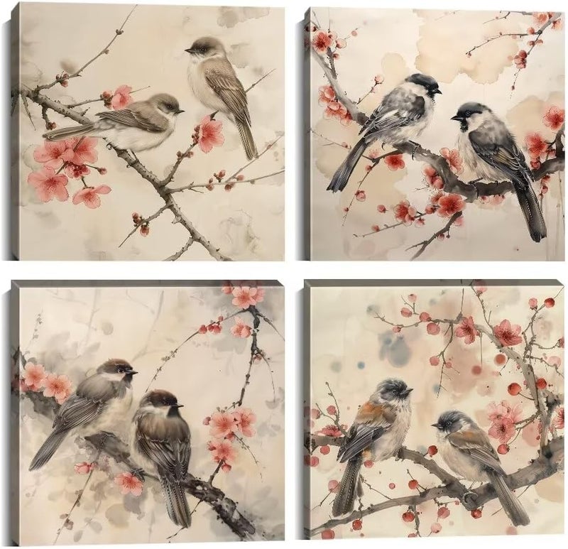 Wall HDQ 4 Pieces Wall Art Canvas Prints Flowers and Birds Picture Painting Modern Wall Artwork Framed for Bathroom Bedroom Office Decor - Image 1