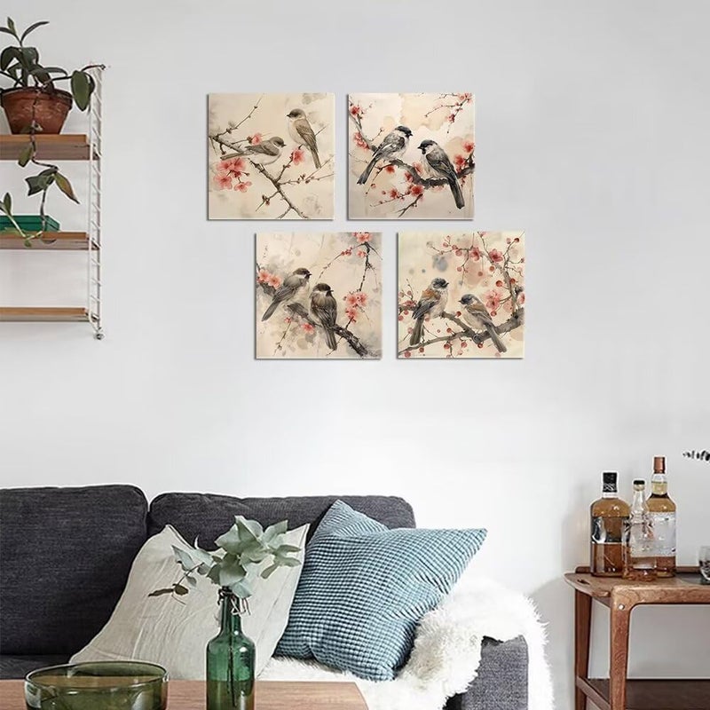 Wall HDQ 4 Pieces Wall Art Canvas Prints Flowers and Birds Picture Painting Modern Wall Artwork Framed for Bathroom Bedroom Office Decor - Image 2
