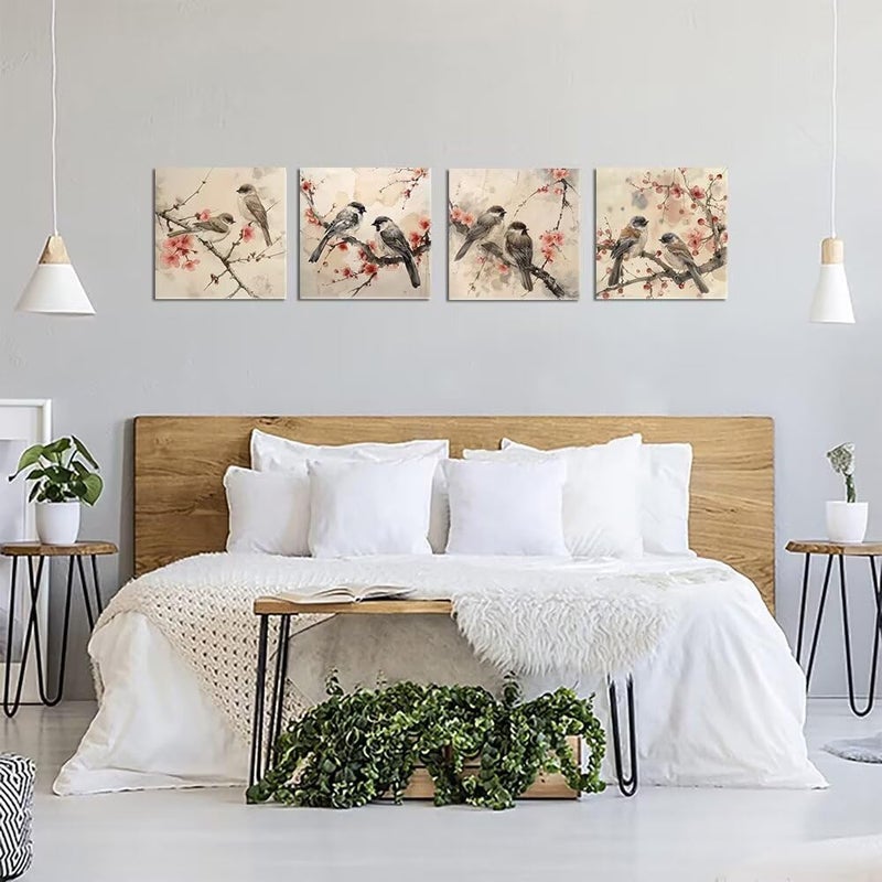 Wall HDQ 4 Pieces Wall Art Canvas Prints Flowers and Birds Picture Painting Modern Wall Artwork Framed for Bathroom Bedroom Office Decor - Image 5