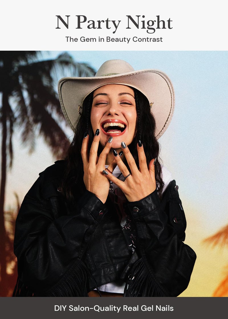 ohora Semi Cured Gel Nail Strips (N Party Night) - Dark, Glitter, Works with Any UV/LED Lamps, Salon-Quality, Long Lasting, Easy to Apply & Remove - Includes 2 Prep Pads, Nail File & Wooden Stick - Image 2