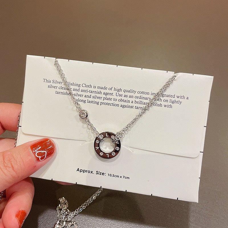 LOVE Letter Simple Ring Diamond-encrusted Double-layer Titanium Steel Necklace Womens Light Luxury Niche All-match Elegant Collarbone Chain Accessories Steel color necklace