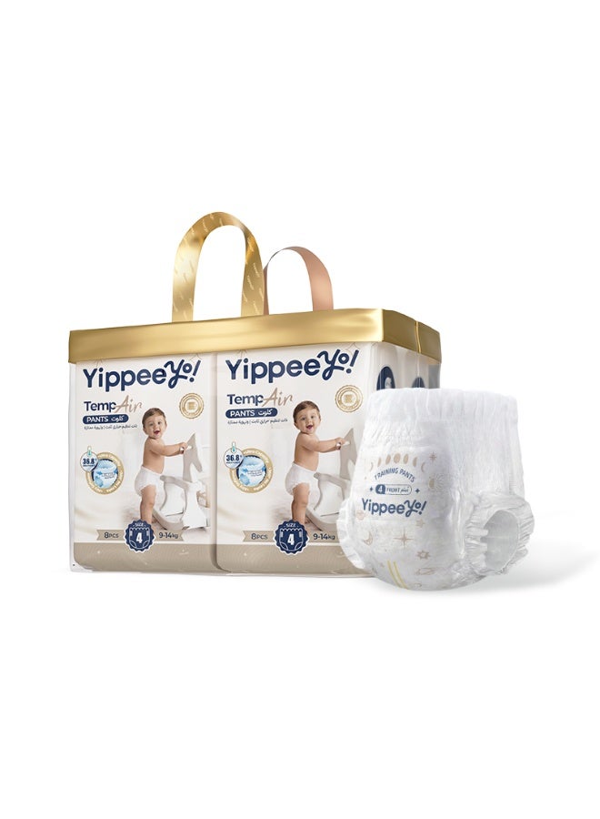 Yippeeyo TempAir Baby Pants Size 4 (4 Packs of 8 = 32 Total) | Breathable Temperature-Sensing Strip | Pull-Up Overnight Absorbency for Toddlers 9–14 kg