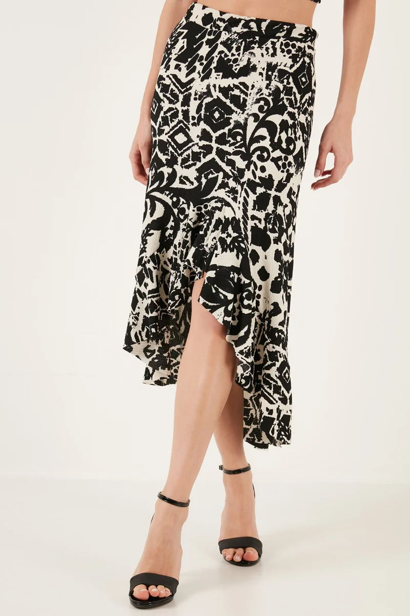 ليلا Patterned High Waist Flounced Midi Length Slit Regular Fit Skirt Women's Skirt 5865724