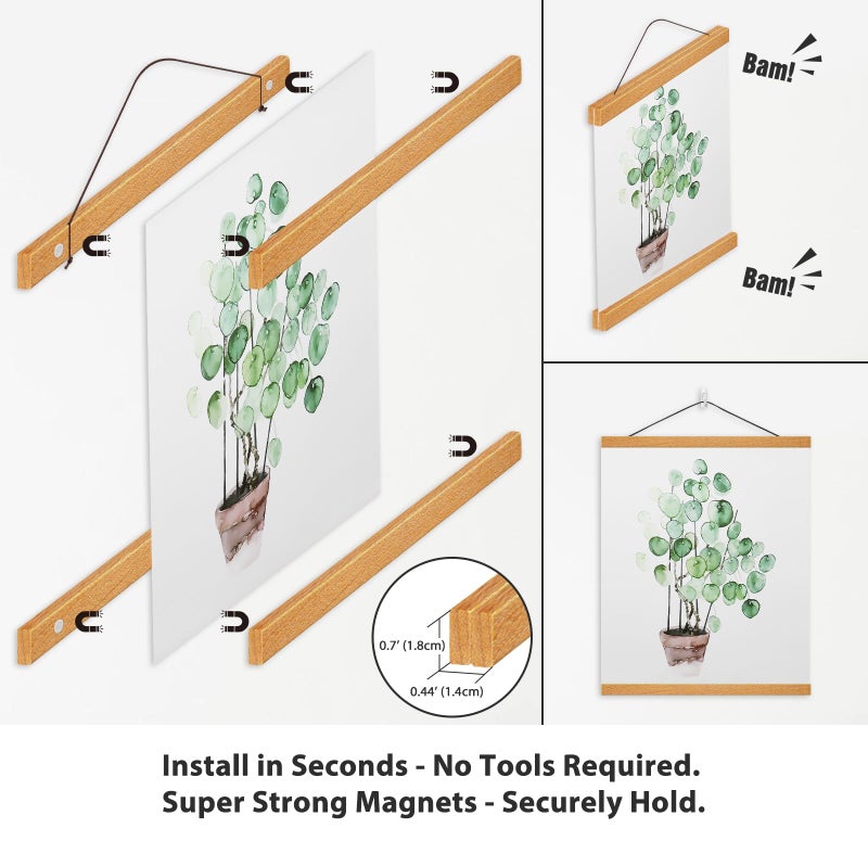 HONKKI Magnetic Poster Frame Hanger, Natural Teak, Poster Hanger for Photos, Pictures, Prints, Maps, Scrolls and Canvas Artwork - Image 2
