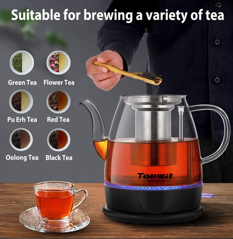 Topwit Electric Kettle Glass, For Hot Water, Tea and Coffee Dual Purpose Design, BPA-Free, 1L Pour Over Removable Stainless Steel Infuser, Auto-shut Off & Boil-dry Protect - Image 5