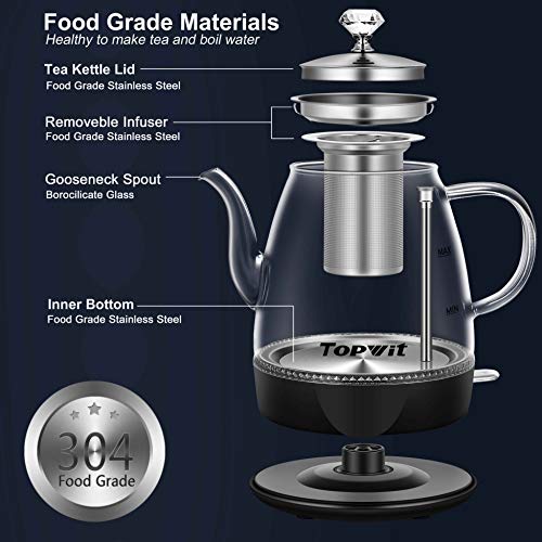 Topwit Electric Kettle Glass, For Hot Water, Tea and Coffee Dual Purpose Design, BPA-Free, 1L Pour Over Removable Stainless Steel Infuser, Auto-shut Off & Boil-dry Protect - Image 2