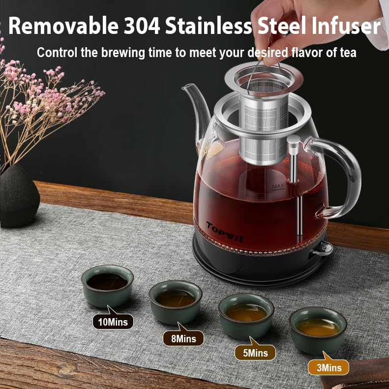 Topwit Electric Kettle Glass, For Hot Water, Tea and Coffee Dual Purpose Design, BPA-Free, 1L Pour Over Removable Stainless Steel Infuser, Auto-shut Off & Boil-dry Protect - Image 4