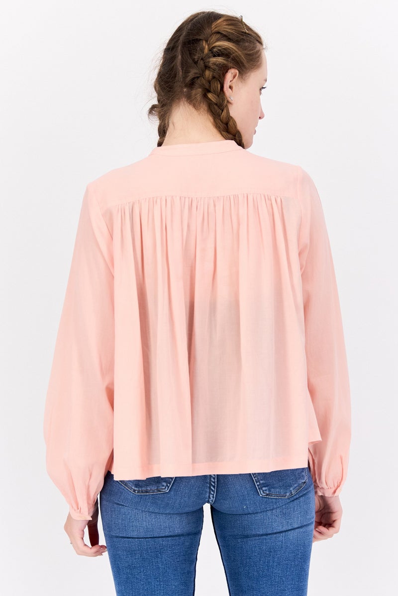 Scotch & Soda Women Band Collar Long Sleeve Pleated Blouse, Light Peach - Image 3