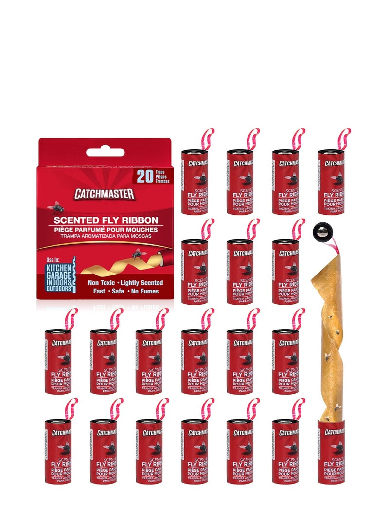 Catchmaster Catchmaster Fly Ribbon 20-Pack, Bug & Fruit Fly Traps Outdoor and Indoor, Premium Adhesive Sticky Fly Strips & Gnat Hanging Strips, Bulk Scented Flying Insect Paper Rolls, Non Toxic Home Pest Control  - Image 1