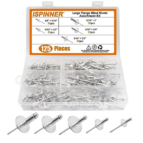 ISPINNER 125pcs Large Flange Aluminum Blind Rivets, Pop Rivets Assortment Kit (Silver) - Image 1