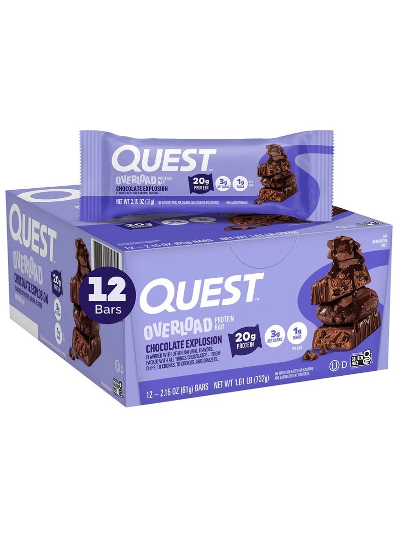 Quest Nutrition Quest Overload Protein Bar – Chocolate Explosion Flavor, High Protein, Low Sugar, Gluten-Free, 61g (Box of 12 Bars) - Image 1