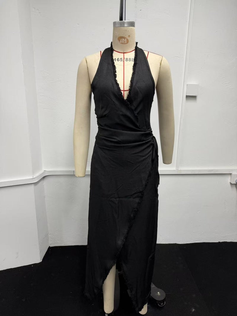 فستان صيفي أنيق بأسلوب بوهيمي للنساء، ب_crop شneck عميق وياقة معلقة وط printed زهور - أسود