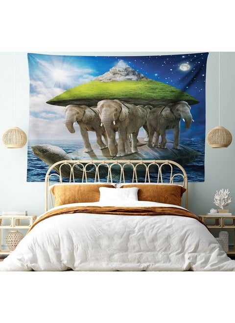Fantasy Tapestry Turtle Animal Carrying Elephants And Earth On Their Backs Cosmic Philosophy Wall Hanging For Bedroom Living Room Dorm Decor 40" X 60" White Green