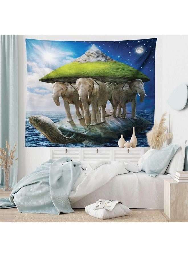 Fantasy Tapestry Turtle Animal Carrying Elephants And Earth On Their Backs Cosmic Philosophy Wall Hanging For Bedroom Living Room Dorm Decor 40" X 60" White Green