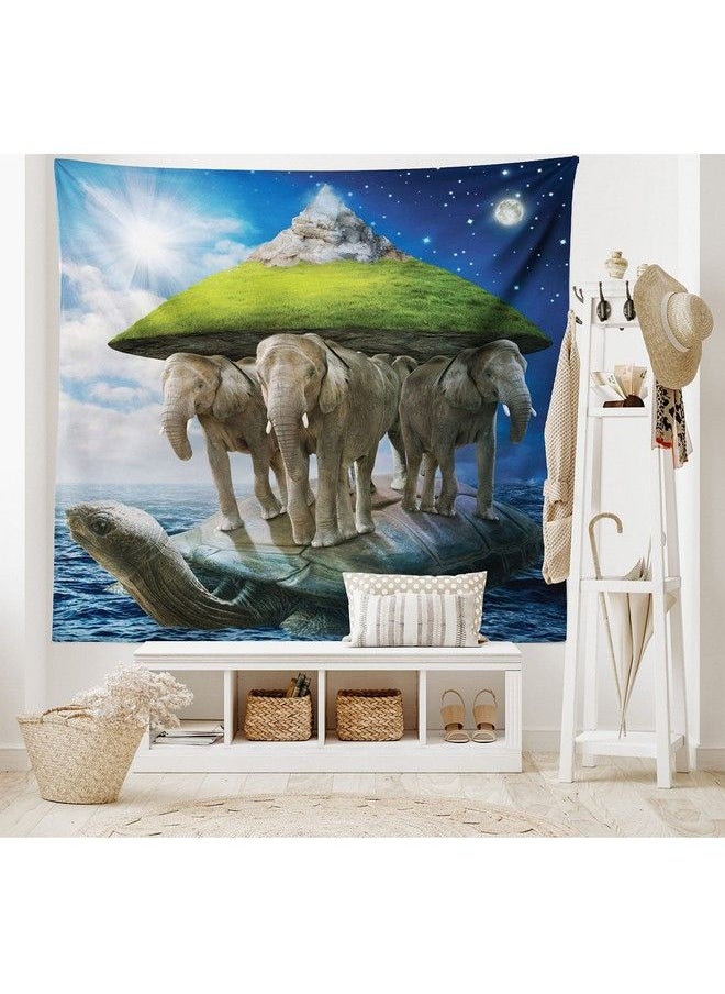 Fantasy Tapestry Turtle Animal Carrying Elephants And Earth On Their Backs Cosmic Philosophy Wall Hanging For Bedroom Living Room Dorm Decor 40" X 60" White Green