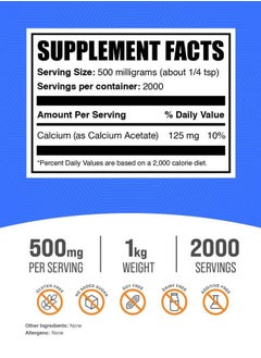 BULKSUPPLEMENTS.COM .com Calcium Acetate Powder - Calcium Supplement - Food Grade & Gluten Free, 500mg (125mg Calcium) per Serving, 1kg (2.2 lbs) (Pack of 1)  - Image 2