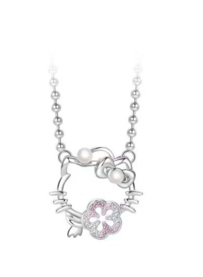 Hello Kitty Silver Beaded Necklace with Pink Crystal Flower Accent