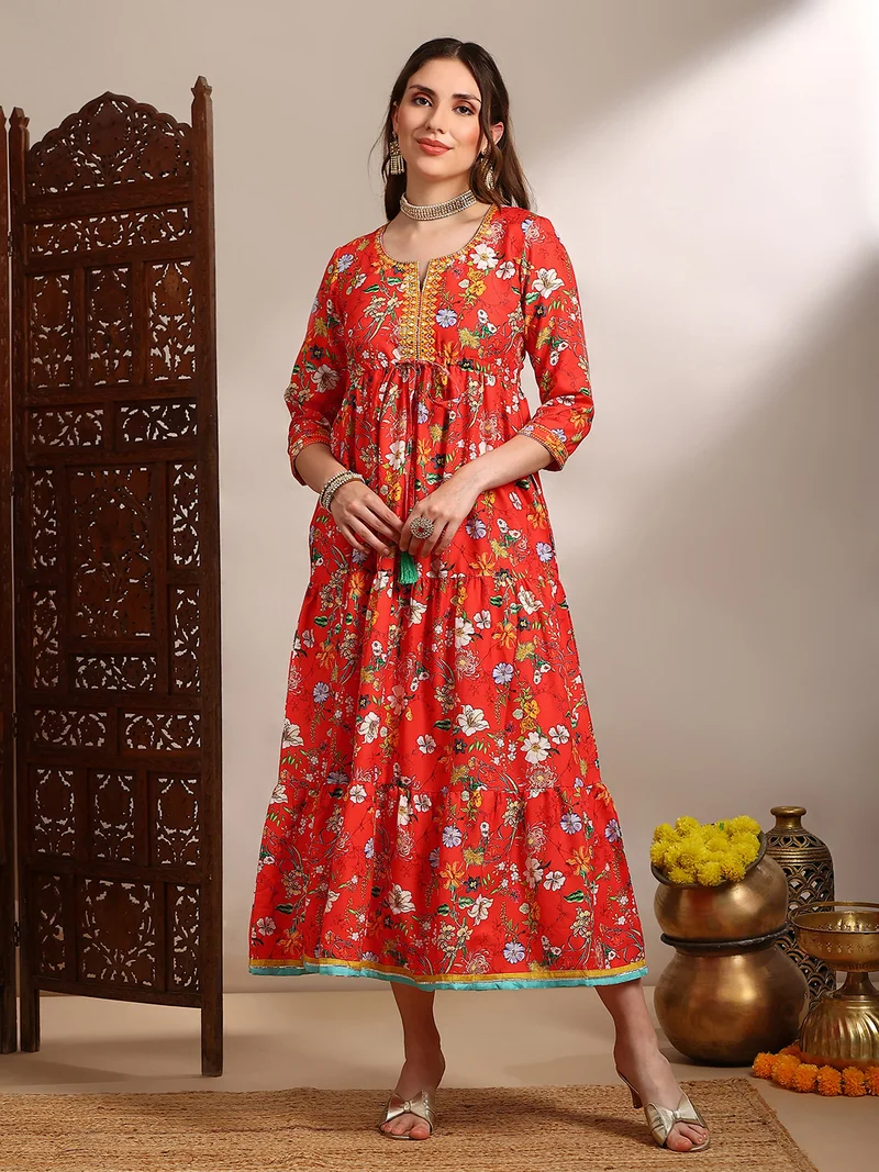 globus Globus Women Red Allover Floral Print Round V-Neck Embroidered & Mirror Work Waist Tie-Ups Tiered Fit & Flare Midi Festive Dress