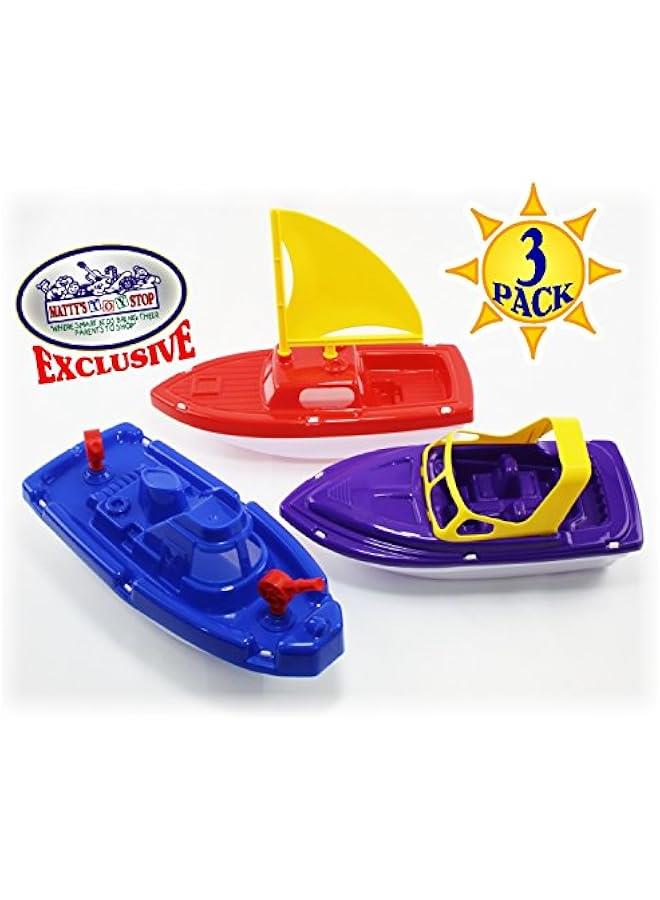 Plastic Boats Set Sailboat (Red), Speedboat (Purple) & Fireboat (Blue) Gift Set Bundle,  Bath, Pool, Beach Etc. - 3 Pack  - Image 2