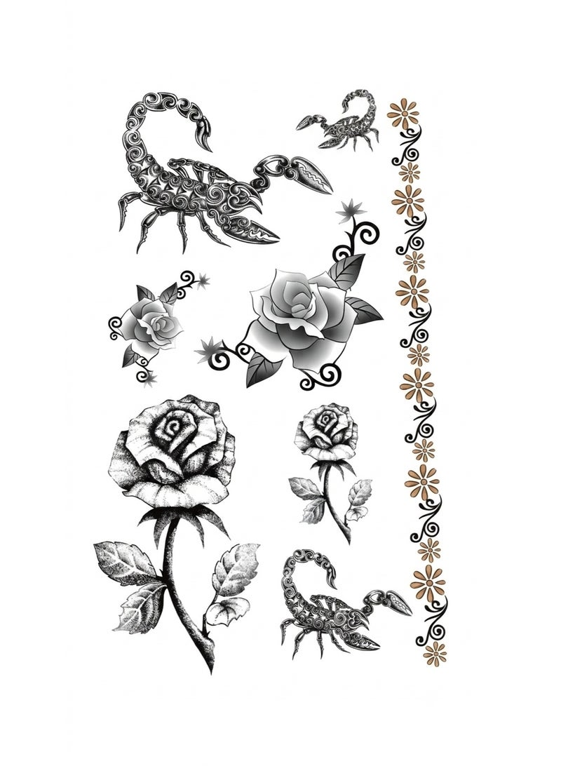 Temporary Tattoo Sheet with Scorpion, Rose, and Floral Designs