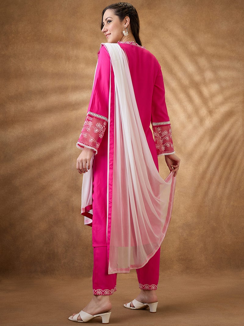 globus Globus Women Pink Scalloped V-Neck Bell Sleeves Embroidered Lace Inserts Straight Kurta & Pants Festive Set  - Image 3