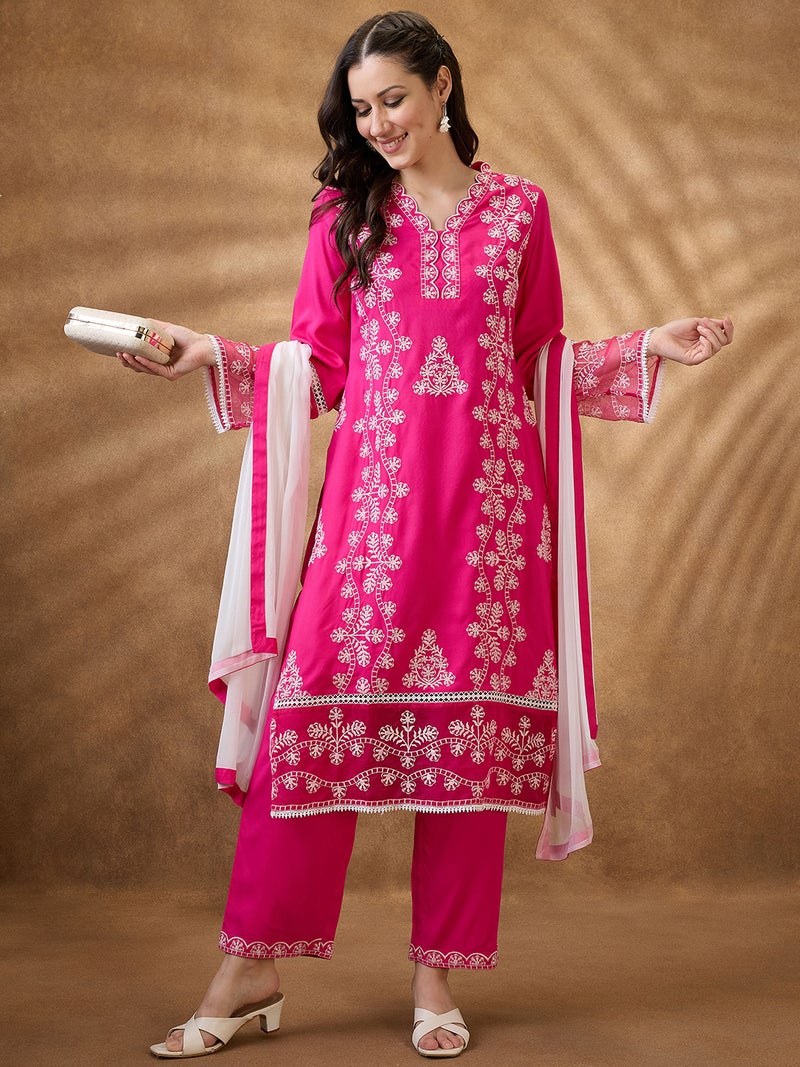 globus Globus Women Pink Scalloped V-Neck Bell Sleeves Embroidered Lace Inserts Straight Kurta & Pants Festive Set  - Image 1