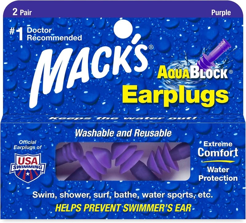 سدادات أذن ماك AquaBlock للسباحة، 2 زوج - مريحة، مقاومة للماء، قابلة لإعادة الاستخدام من السيليكون للسباحة، الغوص، الاستحمام، ركوب الأمواج والاستحمام (بنفسجي)