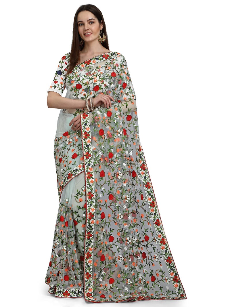 PATLANI FASHION New Bollywood BlockBuster Design Launching Net Embroidery Designer saree Light Green. - Image 1