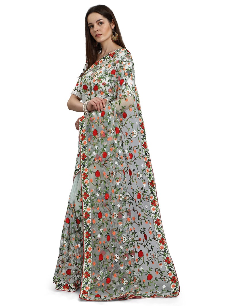 PATLANI FASHION New Bollywood BlockBuster Design Launching Net Embroidery Designer saree Light Green. - Image 3