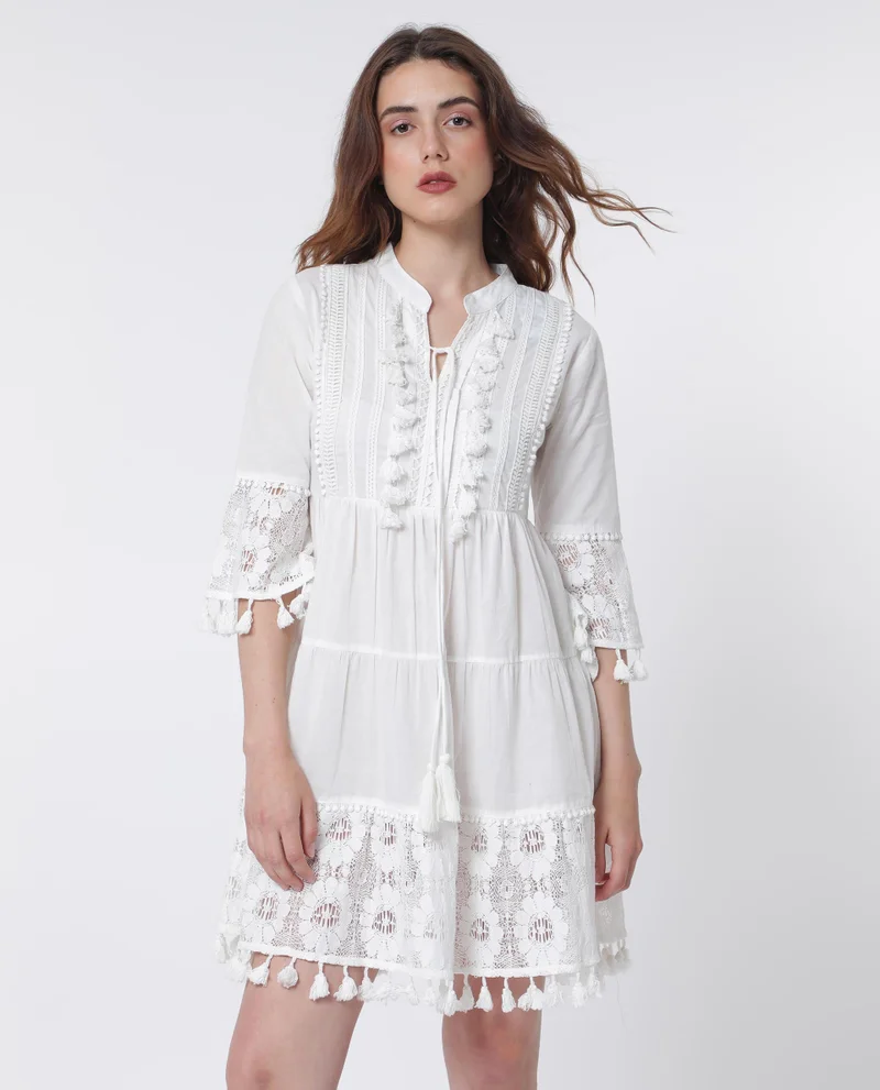 Rareism Women's Bohemian Lace Tassel Tiered Dress