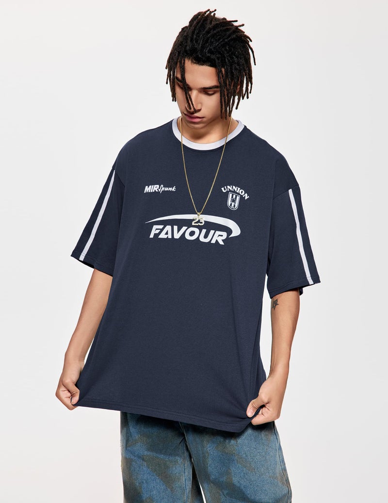 Vamtac Mens Patchwork Racing T Shirt Y2K Vintage Oversized Graphic Tees Contrast Color Stripe Half Sleeve Streetwear Top NavyBlue Small - Image 4