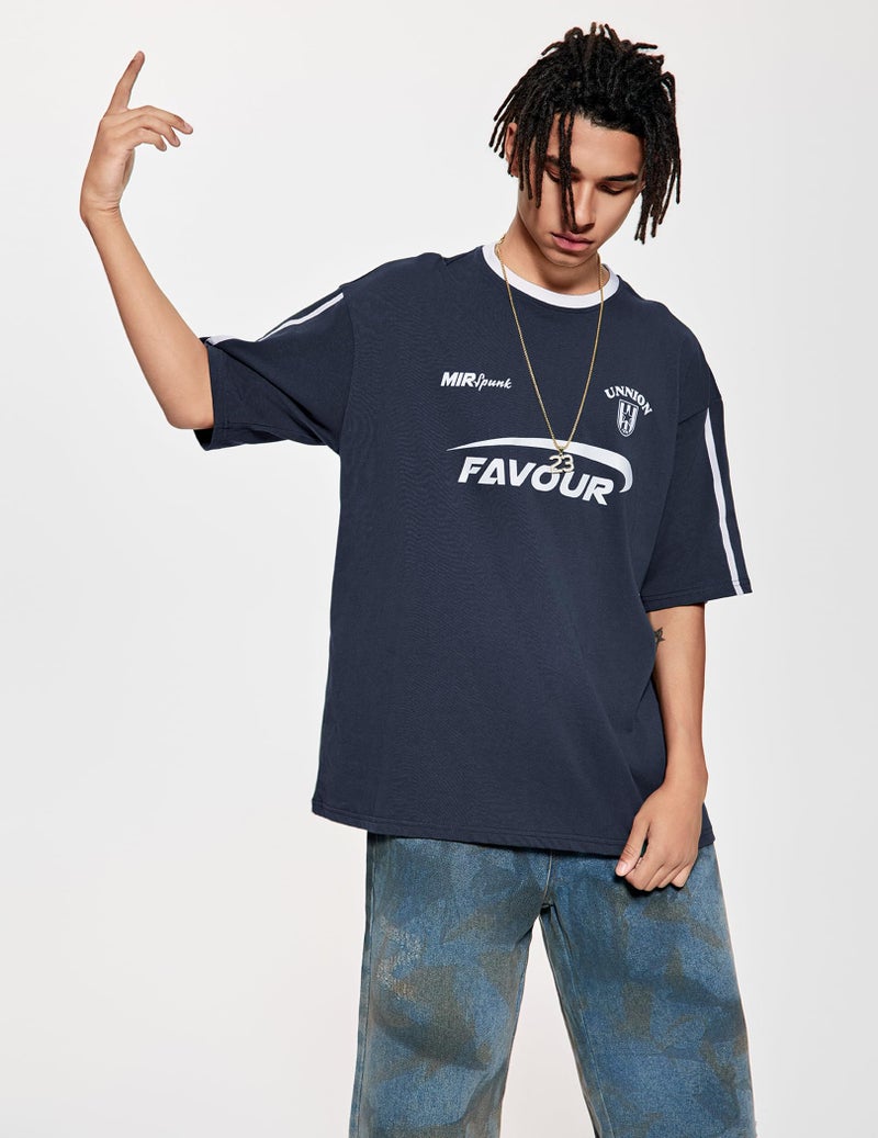 Vamtac Mens Patchwork Racing T Shirt Y2K Vintage Oversized Graphic Tees Contrast Color Stripe Half Sleeve Streetwear Top NavyBlue Small - Image 2