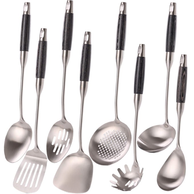 1810 STAINLESS STEEL KITCHEN UTENSILS SET WITH WOODEN HANDLE 8PCS 15 LONG COOKING UTENSIL SET KITCHEN GADGETS COOKWARE SET SERVING UTENSILSSPATULA TURNER PASTA SERVING SPOON SKIMMER LADLE