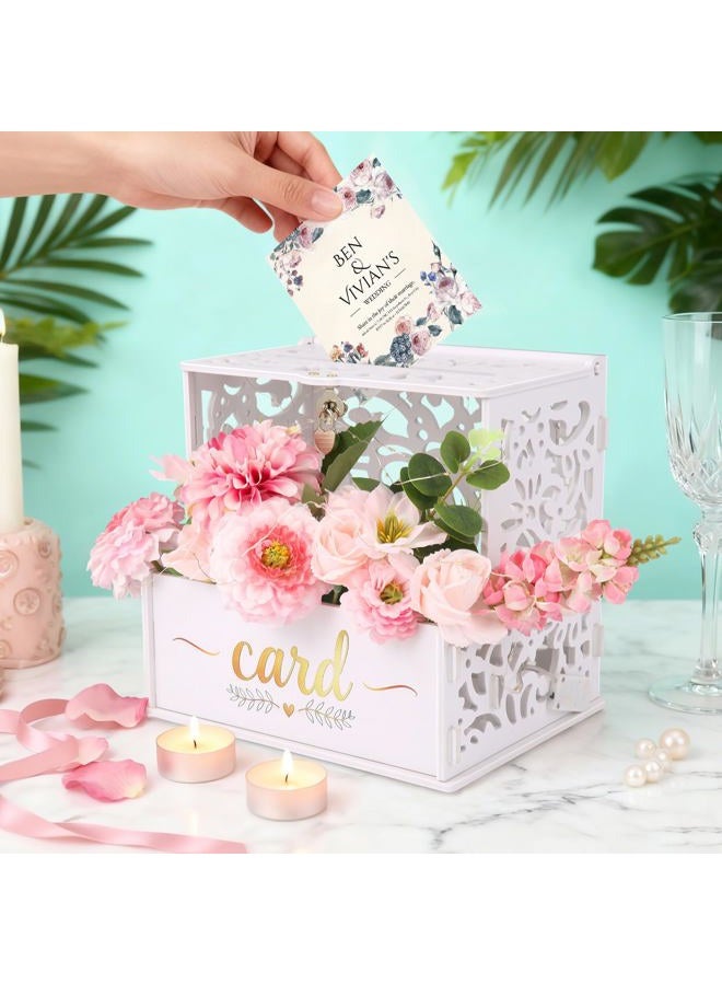 GKLTVB White PVC Wedding Card Box,Gift Card Box with Acrylic Window and Flower Trough for Party Wedding Decor Baby Showers Birthday Party,Lock & String Light Included - Image 3