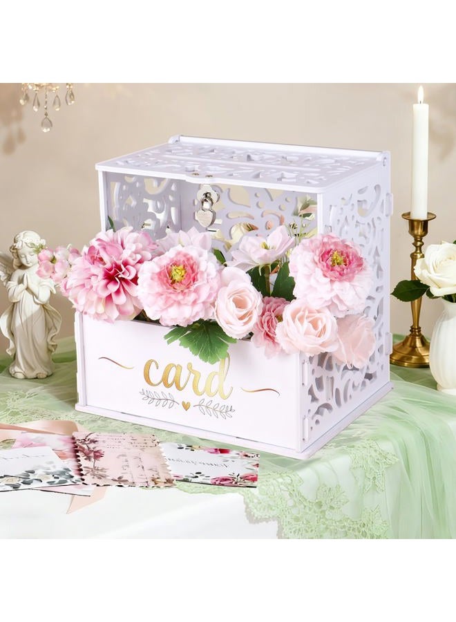 GKLTVB White PVC Wedding Card Box,Gift Card Box with Acrylic Window and Flower Trough for Party Wedding Decor Baby Showers Birthday Party,Lock & String Light Included - Image 1