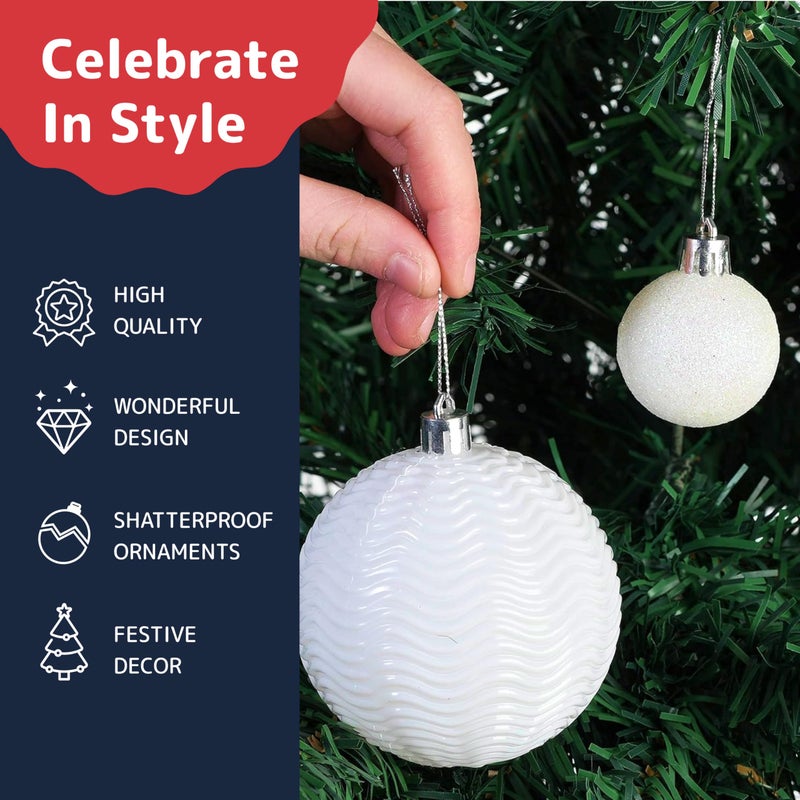 Prextex 36pc Shatterproof White Christmas Balls Ornament Set - Festive Christmas Tree Ornaments in 3 Different Sizes and 6 Styles - Holiday Decoration with Hanging Loops for Tree, Wreath, Party Decor - Image 5