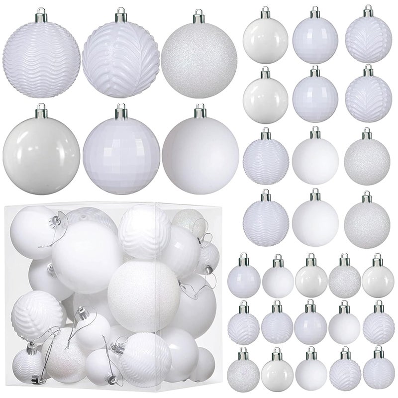 Prextex 36pc Shatterproof White Christmas Balls Ornament Set - Festive Christmas Tree Ornaments in 3 Different Sizes and 6 Styles - Holiday Decoration with Hanging Loops for Tree, Wreath, Party Decor - Image 1