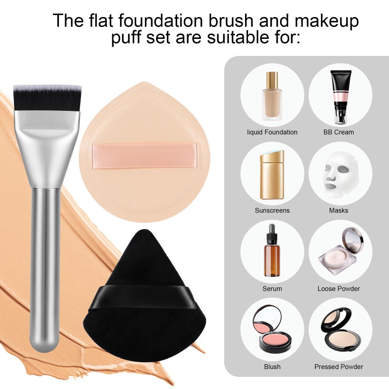 BEAUTYFACTOR Flat Foundation Brush and Powder Puff Set, Korean Makeup Brush Teardrop Sponge for Liquid Foundation,Premium Face Makeup Brush Sponge for Blending Cream Setting Powder - Image 3