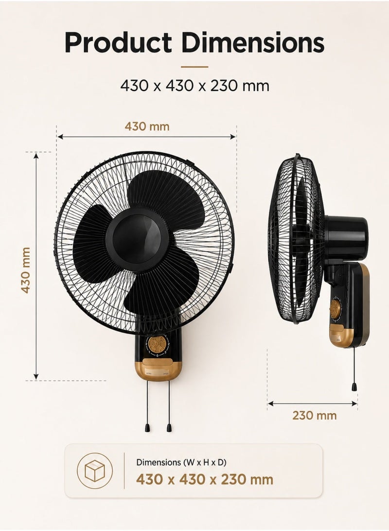 MODI 45W Powerful Wall Fan with 3-Speed Control & Wide-Angle Airflow, Silent Operation, Adjustable Tilt, High-Speed Motor for Home, Office & Bedroom Cooling – Black - Image 2