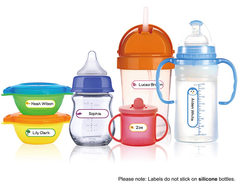 CHUBBIEE Baby Bottle & Daycare Name Labels, Self-Laminating Waterproof Stickers for Kids Stuff, Dishwasher Safe Write-On Name Tags for School & Home, Assorted Sizes & Colors, Pack of 64 - Image 4