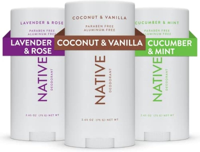 native Deodorant - Natural Deodorant For Women and Men - 3 Pack - Contains Probiotics - Aluminum Free & Paraben Free, Naturally Derived Ingredients - Coconut & Vanilla, Lavender & Rose, Cucumber & Min - Image 1