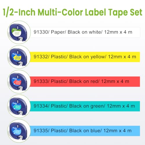 Label KINGDOM 5-Pack Compatible with DYMO LetraTag Mix Color Tape, White/Red/Yellow/Blue/Green Label Maker Refills for LT-100H Handheld Printer, 1/2” x 13’ - Image 4