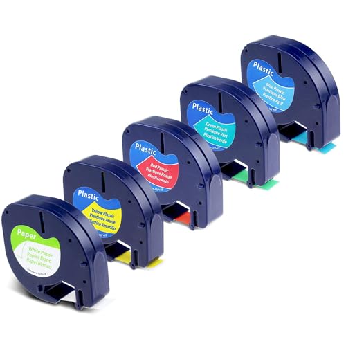 Label KINGDOM 5-Pack Compatible with DYMO LetraTag Mix Color Tape, White/Red/Yellow/Blue/Green Label Maker Refills for LT-100H Handheld Printer, 1/2” x 13’ - Image 1