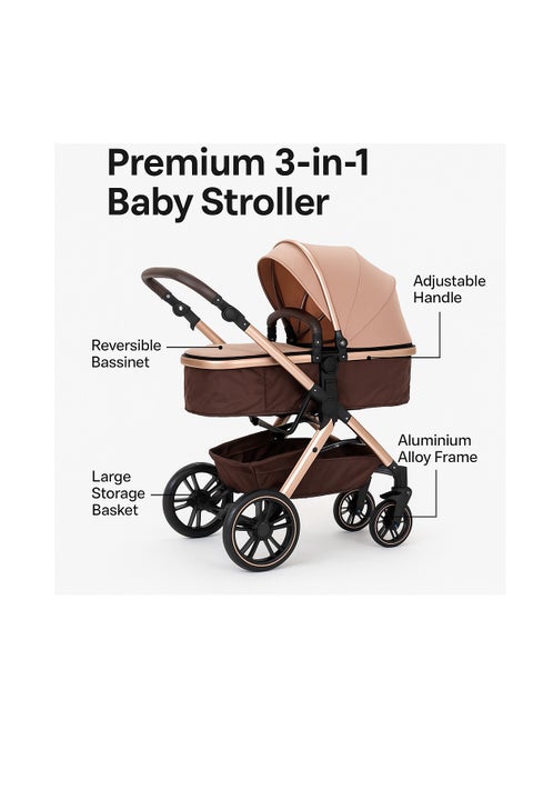 عالعنوان الموسع للمنتج لعربة الأطفال ذات المنظر العالي - كاكي  عربة أطفال قابلة للطي بتصميم مرتفع مع عجلات مطاطية – عربة فاخرة 2 في 1 باللون الكاكي – تصميم مدمج مناسب للسفر مع مقبض قابل للعكس، مسند ظهر قابل للتعديل، مظلة واقية من الأشعة فوق البنفسجية، نظام امتصاص صدمات جيد، وسلة تخزين كبيرة – مناسبة للمواليد والأطفال الصغار