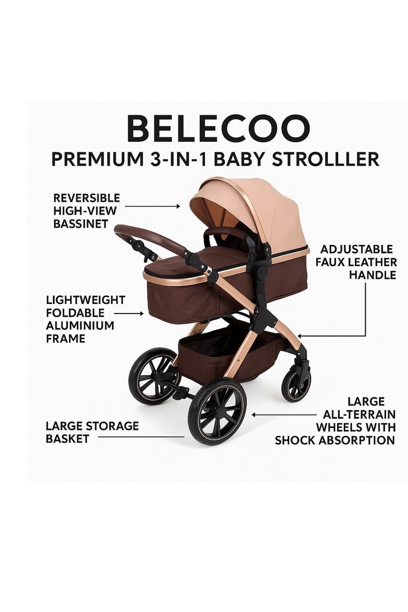 بيليكو عالعنوان الموسع للمنتج لعربة الأطفال ذات المنظر العالي - كاكي  عربة أطفال قابلة للطي بتصميم مرتفع مع عجلات مطاطية – عربة فاخرة 2 في 1 باللون الكاكي – تصميم مدمج مناسب للسفر مع مقبض قابل للعكس، مسند ظهر قابل للتعديل، مظلة واقية من الأشعة فوق البنفسجية، نظام امتصاص صدمات جيد، وسلة تخزين كبيرة – مناسبة للمواليد والأطفال الصغار - Image 2
