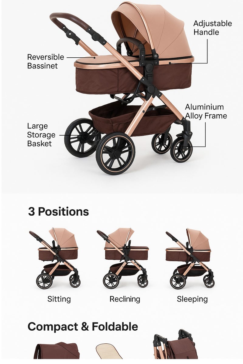 بيليكو عالعنوان الموسع للمنتج لعربة الأطفال ذات المنظر العالي - كاكي  عربة أطفال قابلة للطي بتصميم مرتفع مع عجلات مطاطية – عربة فاخرة 2 في 1 باللون الكاكي – تصميم مدمج مناسب للسفر مع مقبض قابل للعكس، مسند ظهر قابل للتعديل، مظلة واقية من الأشعة فوق البنفسجية، نظام امتصاص صدمات جيد، وسلة تخزين كبيرة – مناسبة للمواليد والأطفال الصغار - Image 3