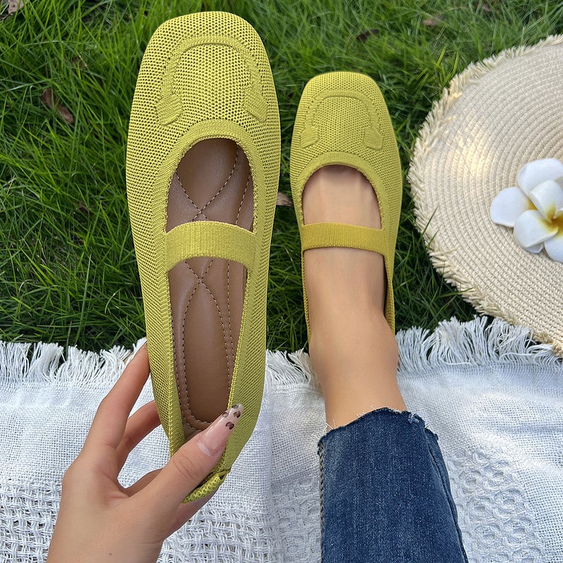 2026 New Large-Size Hollow-Out Fly-Knit Flat Shoes For Women, Breathable Slip-On Square-Toe Work Shoes For All Seasons - Image 1