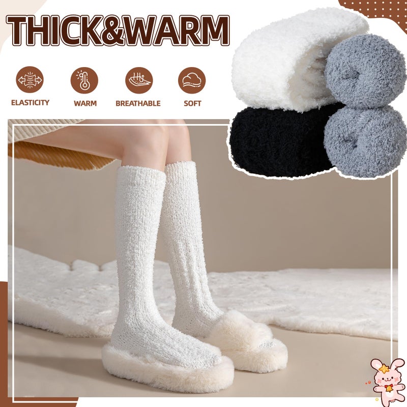 Velice Fuzzy Socks for Women 3 Pairs Knee High Fluffy Soft Warm Stocking Cozy Slipper Plush Winter Long Christmas Socks(Black/White/Grey) - Image 3