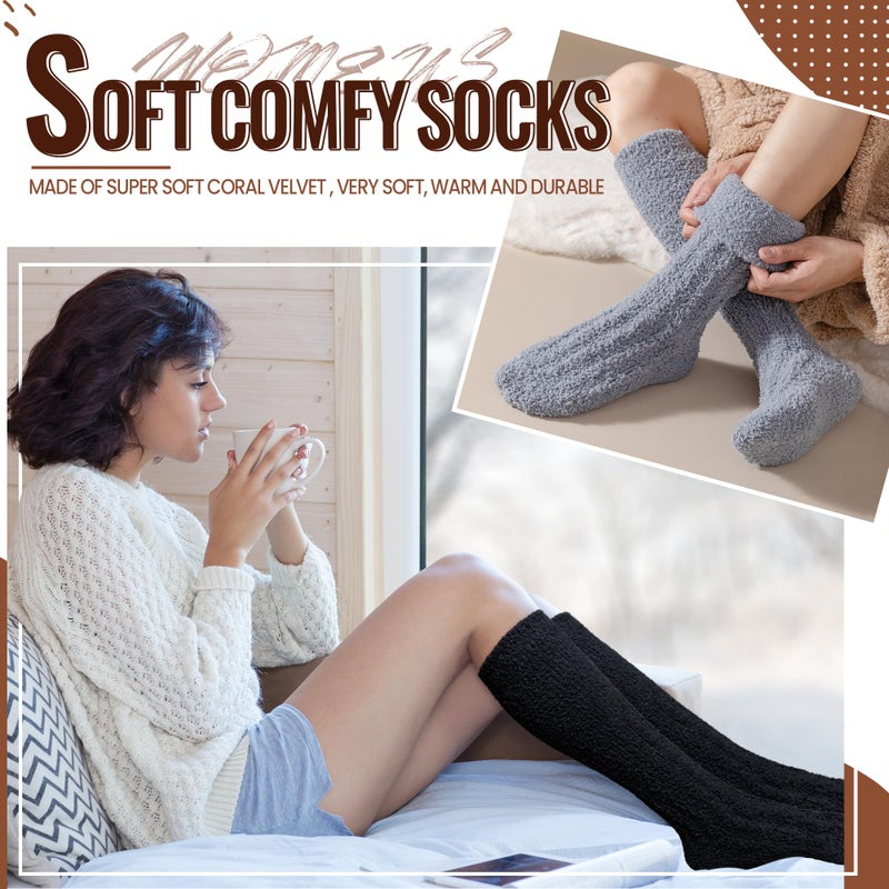 Velice Fuzzy Socks for Women 3 Pairs Knee High Fluffy Soft Warm Stocking Cozy Slipper Plush Winter Long Christmas Socks(Black/White/Grey) - Image 5