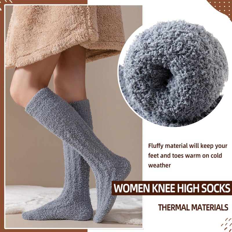 Velice Fuzzy Socks for Women 3 Pairs Knee High Fluffy Soft Warm Stocking Cozy Slipper Plush Winter Long Christmas Socks(Black/White/Grey) - Image 2